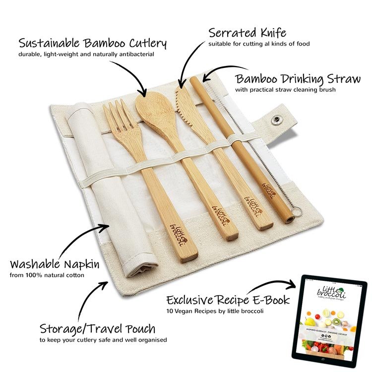 An open bamboo cutlery pouch with the contents labeled.