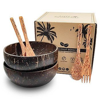 A set of 2 coconut bowls by little broccoli including 2 spoons 2 forks and the box